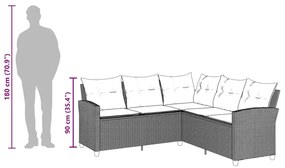 szürke polyrattan L-alakú kanapé párnákkal