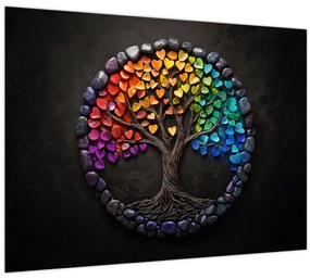 Üveg kép – Fa színes szívekkel (70x50 cm)