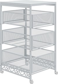 HOMCOM Görgős Tárolókocsi 3 Szintes Tárolókocsi 3 Kosaras Fiókkal Nappaliba, Étkezőbe, Konyhába, Fürdőbe 34x29,5x57,5 cm Fehér | Aosom
