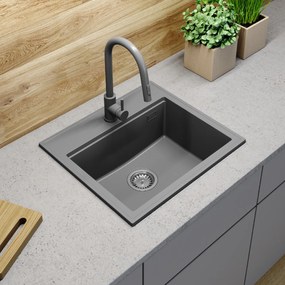 SINK Quality Mosogató Minőségi Ferrum Új 5055, 1 kamrás gránit mosogató 560x500x210 mm + króm szifon, szürke, SKQ-FER.5055.GX