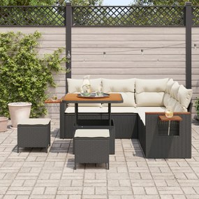 8 részes kerti kanapé szett párnákkal Fekete Polyrattan Akác, 3 részes kerti étkező szett párnákkal Fekete Polyrattan Akác