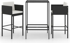 vidaXL 3 részes fekete polyrattan kültéri bárszett párnákkal