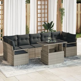 8 darabos kertibútor szett párnákkal Világosszürke Poli rattan, 2 fős kertikanapé párnákkal Szürke Poli rattan