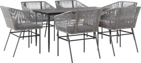 vidaXL 7 részes szürke polyrattan üveg kerti étkezőgarnitúra párnával