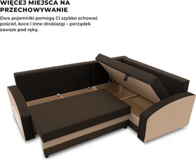 Grande sarokkanapé polcokkal , polc a bal karfaban, jobboldali, szövet anyag, hab töltet, barna