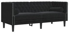3 részes fekete bársony Chesterfield kanapészett párnákkal