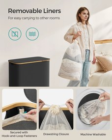 Fedeles, 3 rekeszes mosókosár, 150L, levehető bélés, összecsukható, fekete