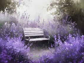 Vászonkép Canvas Tájkép Kert Park Levendula Pad Pihenés Csend 100x75