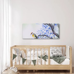 Kép - Madár egy fán kék virágokkal (120x50 cm)