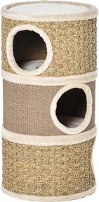 PawHut Kaparóhenger 70 cm Magas Ø 37.5 cm Háromszintes Macska Barlang Sisalkötéllel, Macskaodú, Kaparóoszlop Kismacskák számára, Khaki+Kávé | Aosom