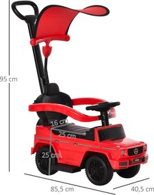 HOMCOM Ride-on autó tolókarral Mercedes-Benz G350 Ride-on jármű kormánykerékkel 3 az 1-ben tolható autó, piros