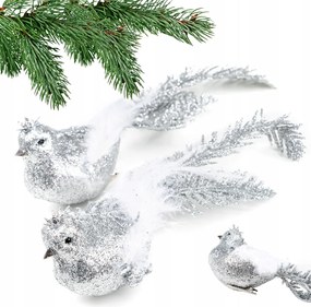Ezüst csillámos madárkák klipszes karácsonyi dísz karácsonyfára 20cm 2db