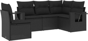 vidaXL 5 részes fekete polyrattan kerti kanapészett párnákkal
