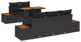 6 darabos kert étkezőszett párnákkal fekete poli rattan akác