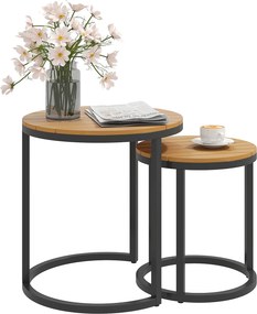 Outsunny 2 darabos Kerti Asztal Szett Akácfából készült Fűrészelt Felülettel, Zsúfolt Kerti Oldalasztalok Acél Vázal és Állítható Lábakkal Erkélyre, T