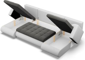 Tokio U alakú sarokkanapé, 3 ágyneműtartóval, bársony + műbőr, univerzális oldal, szürke - fehér