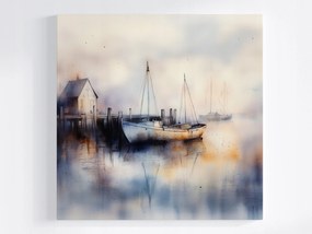 Poszter Tájkép Víz Móló Kikötő Hajó Köd 40x40