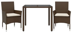 vidaXL 3 részes barna polyrattan/üveg kerti étkezőgarnitúra párnával