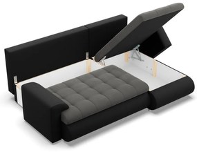 Tokio sarokkanapé, 2 ágyneműtartóval, bársony + műbőr, jobboldali, szürke - fekete