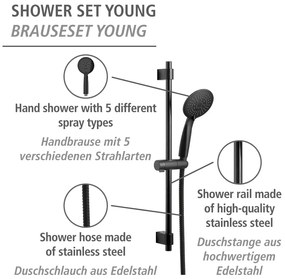 Fekete rozsdamentes acél zuhanyszett 66 cm Young – Wenko