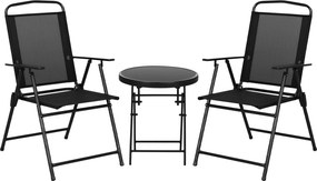 Outsunny 3 darabos Kerti Bistro Szett 2 Összecsukható Székkel Karfával + Kerek Üveg Felső Összecsukható Kávézó Asztal Magas Sűrűségű Hálós Szövet Fém