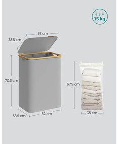 SONGMICS szennyeskosár fedéllel 130L, 2 rekeszes nagyméretű szennyes tartó, szürke