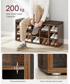 VASAGLE Cipőtartó pad, tárolós pad párnázott ülőfelülettel 30 × 105 × 48 cm, rusztikus barna színben