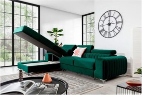 Zöld bársony kinyitható-tárolóhelyes sarokkanapé (bal oldali-heverő résszel) Grayson – ELTAP
