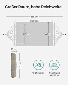 2 személye kemping függőágy párnával, 200x140 cm, max 225 kg, krém bézs színű