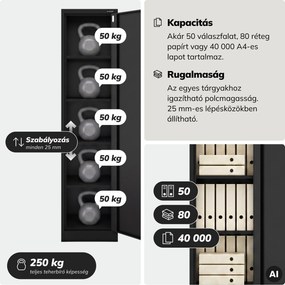 Kartotékos iratszekrény kulcsos fekete, 450x1850x600 mm: ALEX D600