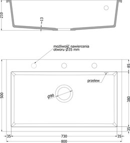 Mexen Elix gránit mosogató, 1 medencés, 800 x 500 mm, fekete foltos, króm szifon - 6527801005-76