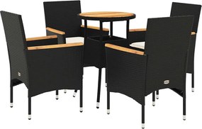 vidaXL 5részes fekete polyrattan/akácfa kerti étkezőgarnitúra párnákkal