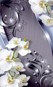 Fotótapéta Orchideák Ezüst és Fehér Virágok Metál Elegancia 206x275 +ragasztó
