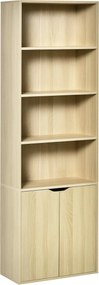 HOMCOM 4 Nyitott Rekeszes és 2 Ajtós Könyvespolc Nappali Tanulószobába Irodába, Terhelhetőség 80 kg, 59x29x180 cm Természetes | Aosom