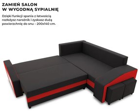 Grande sarokkanapé polcokkal és puffokkal , polc a bal karfaban puffok a jobb karfaban, jobboldali, szövet anyag, bonell töltet, fekete - piros