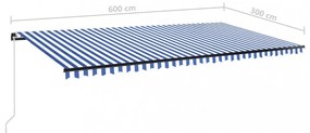 kék és fehér kézzel kihúzható LED-es napellenző 600 x 300 cm