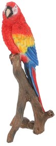 Faágon ülő papagáj polyresin szobor, piros, kültéri és beltéri dekorációs kiegészítő