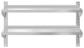 2 szintes ezüst rozsdamentes acél fali polc 100 x 40 x 60 cm