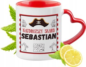 Piros bögre szív alakú füllel Sebastiannak Ajándék