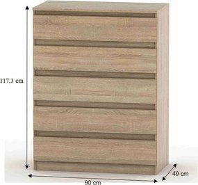 5 fiókos komód, tölgy sonoma, HANY NEW 005