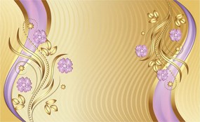 Tapéta Lila-Arany Virágok Díszítés Elegancia a falon 200x140 +ragasztó