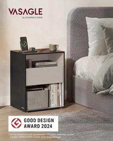 VASAGLE éjjeliszekrény, töltőfunkciós lerakóasztal, tintafekete–kapucsínó bézs