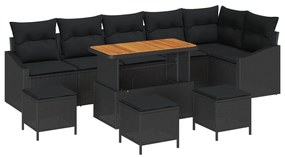 9 Részes Kerti Sofa Szett Párnákkal Fekete Poli Rattan Akácia, 2-Fős Kerti Sofa Párnákkal Fekete Poli Rattan, 3 Részes Kerti Étkező Szett Párnákkal Fekete Poli Rattan Akácia