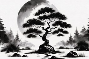 Kép – Fekete-fehér bonsai (90x60 cm)