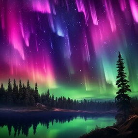 Poszter 90x90cm Északi fény az erdő felett
