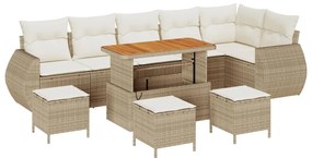 10 részes kerti bútor szett párnákkal bézs poli rattan akácia, 4 részes kerti étkező szett párnákkal bézs poli rattan akácia