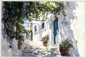 Poszter Alumínium Keret Görögország Fehér Házikók Virágok Pergola Santorini 60x40