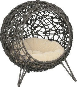 PawHut Rattan Macskaodú Párnával, Macska Alvóhely, Macska Barlang Emelt Lábakkal Ezüst Szürke Ø52 x 58 cm | Aosom