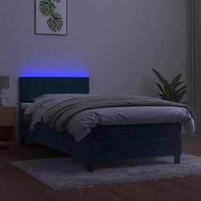 sötétkék bársony rugós és LED-es ágy matraccal 90x190 cm