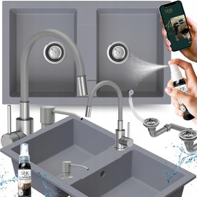 Mosogatótálca Kétrekeszes Gránit Szürke Csaptelepes Konyhai Szifon adagoló